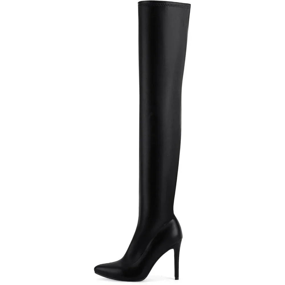 Women Pu Black Polyurethane Over The Knee High Stretchy Leather Thigh High Boots - Picture 2 of 6